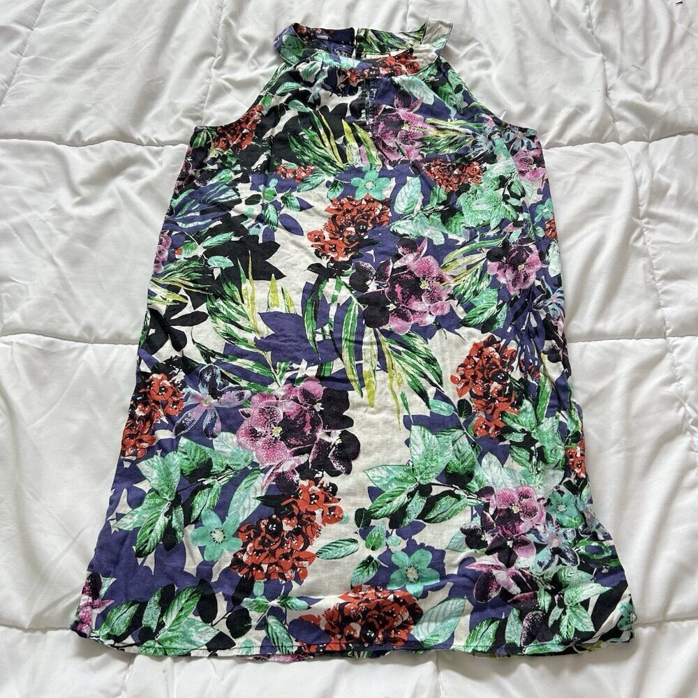 Womens Mini Dress 100% Linen Sleeveless Small Tropical Floral Halter Green Beach